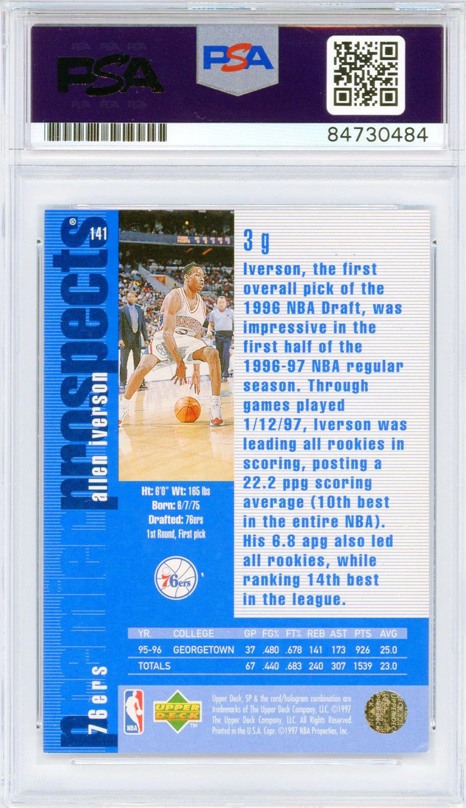 Allen Iverson Autographed 1997 Upper Deck Card #141 (Psa Auto Gem Mt 10)