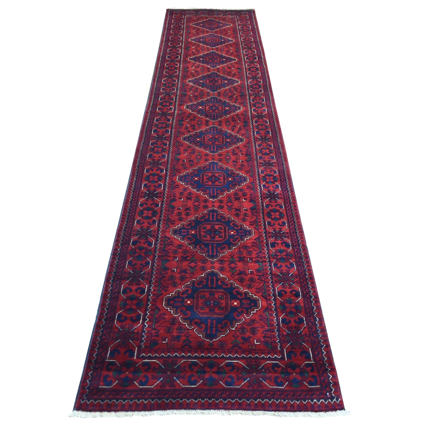 2'8"X12'9" Red Afghan Khamyab Wool Tribal Design Hand Knotted Runner Rug