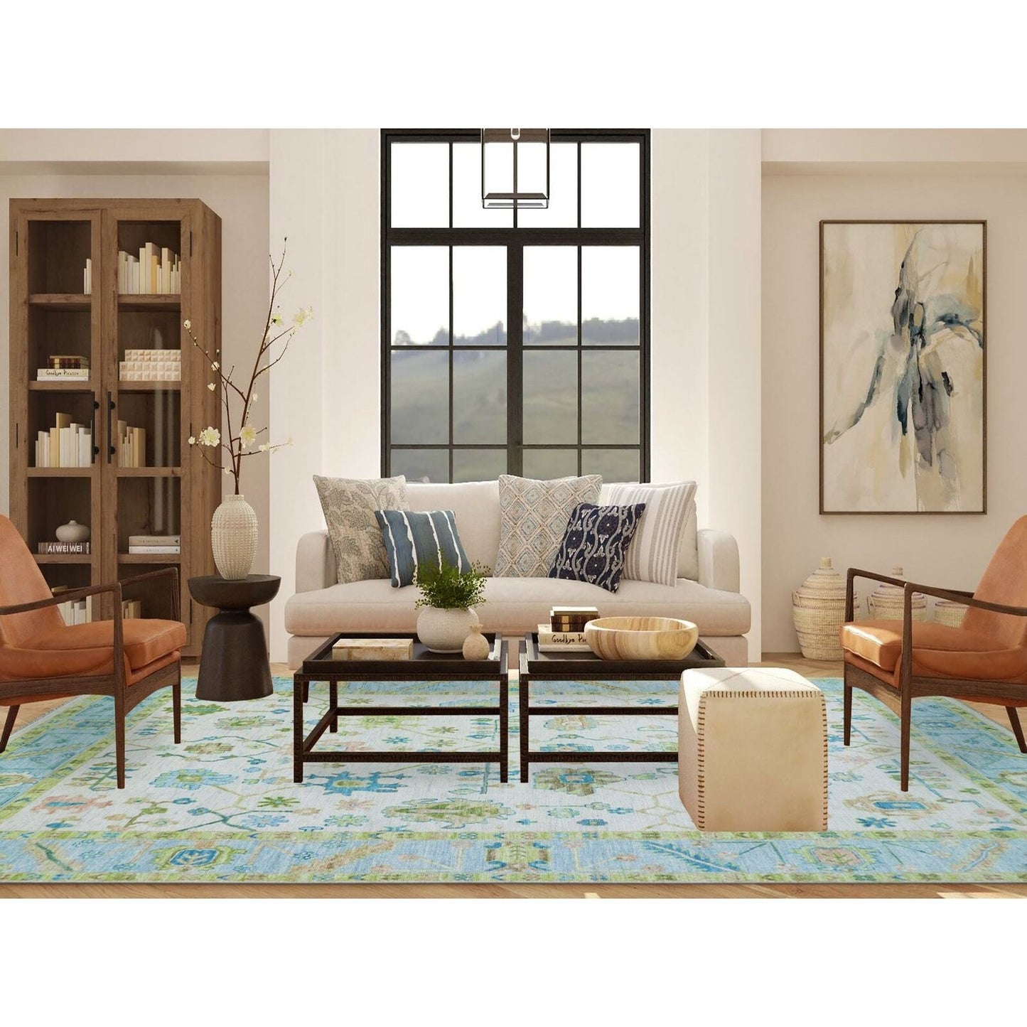 10'1"X14' Ivory Oushak Weave & Design Hand Knotted Leaf Pattern Wool Rug