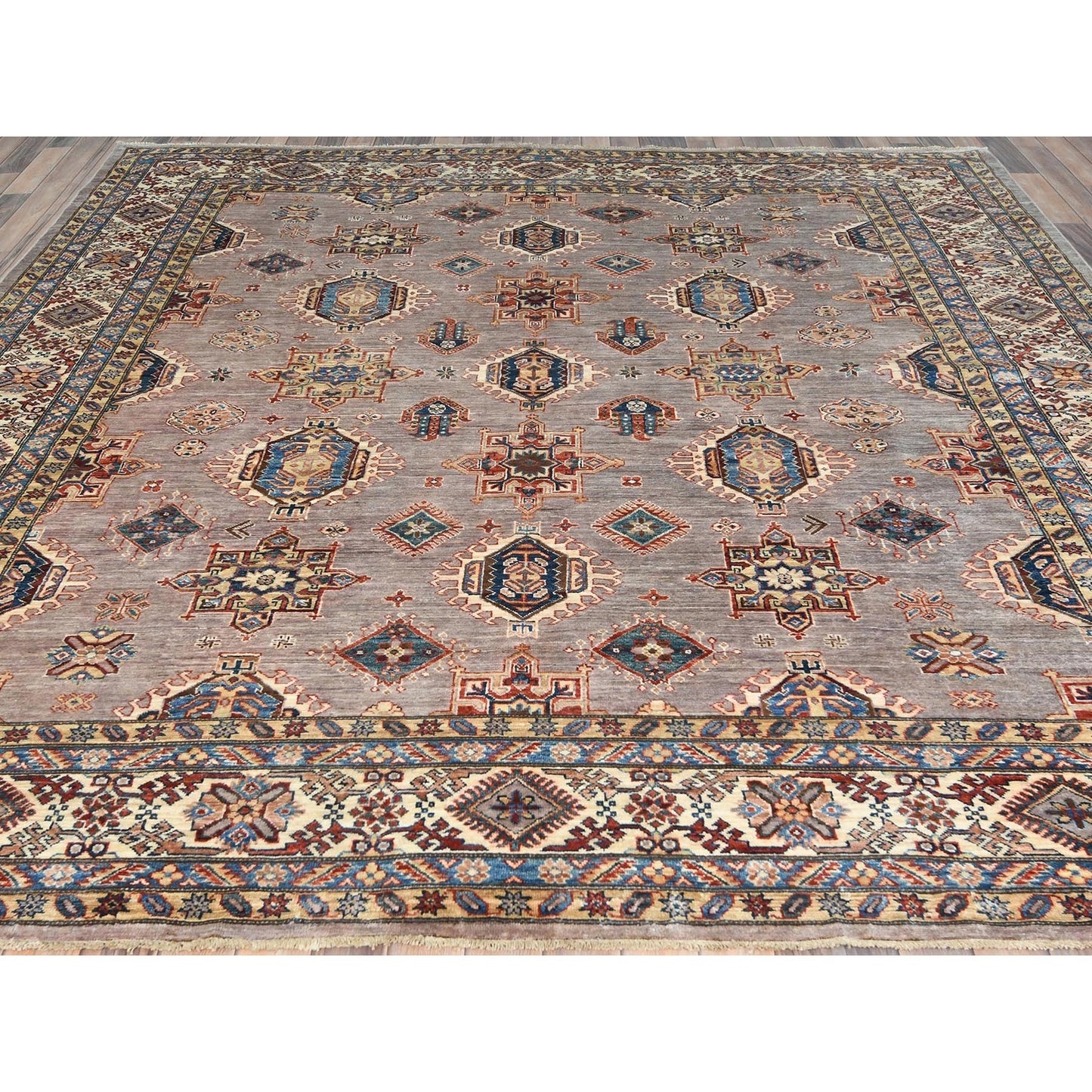 9'9"X9'9" Silver Pink Afghan Super Kazak Wool Hand Knotted Square Rug