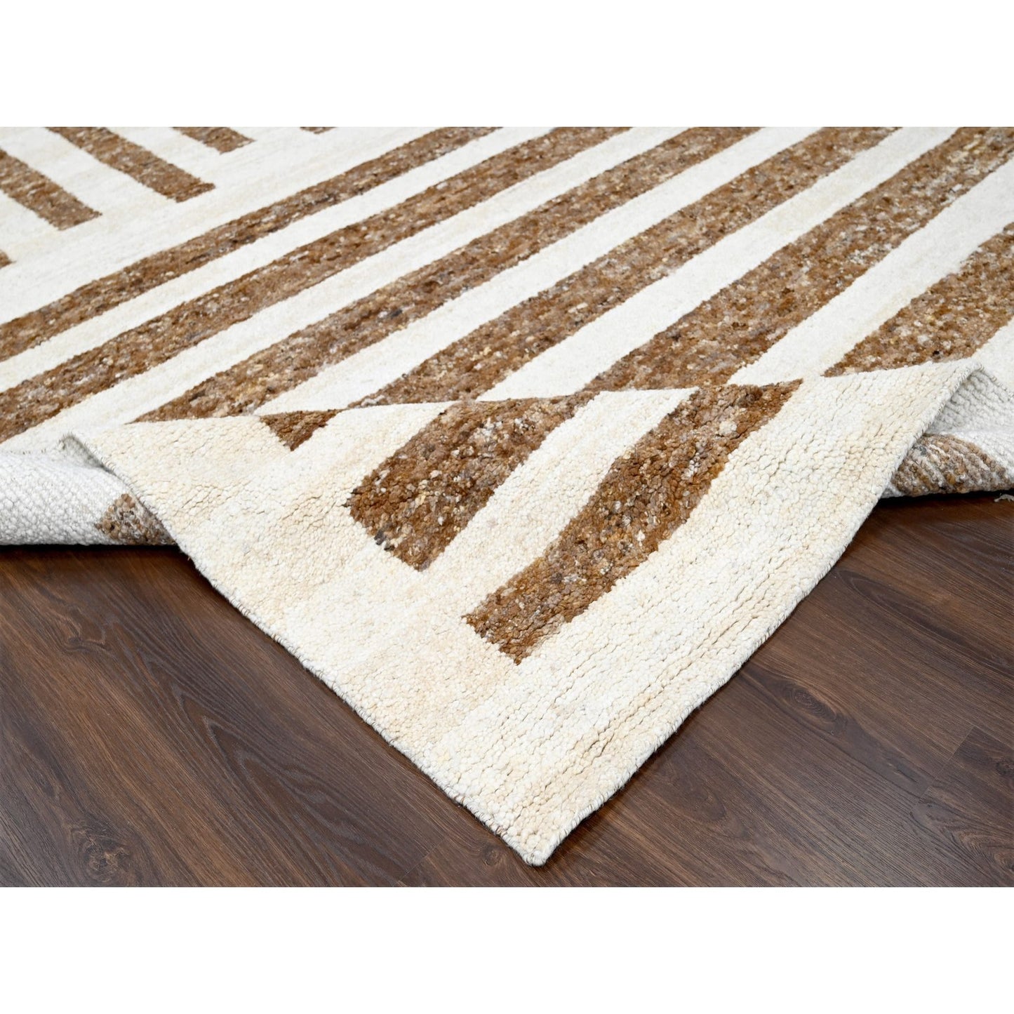 12'2"X14'10" Brown Wool Minimalist Stripe Hand Knotted Oversized Rug