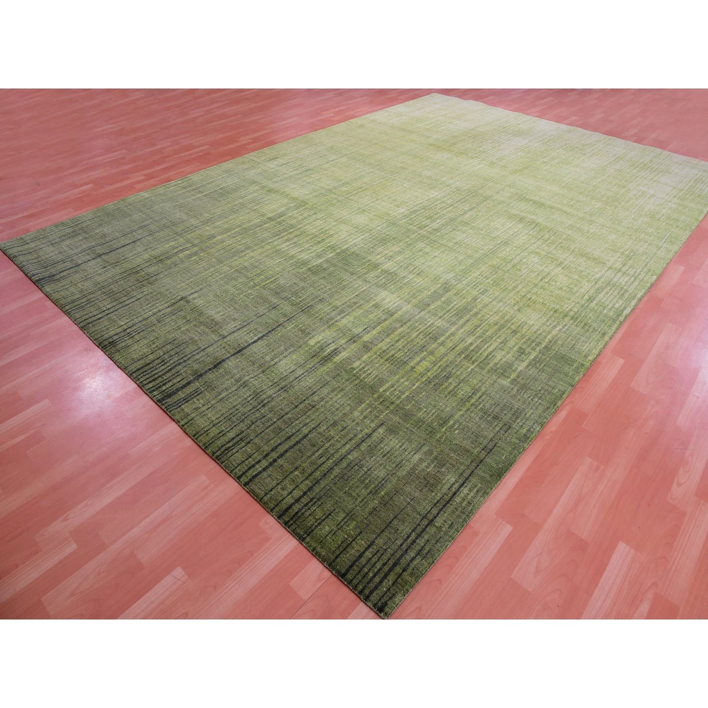 10'X14'4" Herbal Green Hand Knotted Vertical Ombre Design Soft Wool Rug