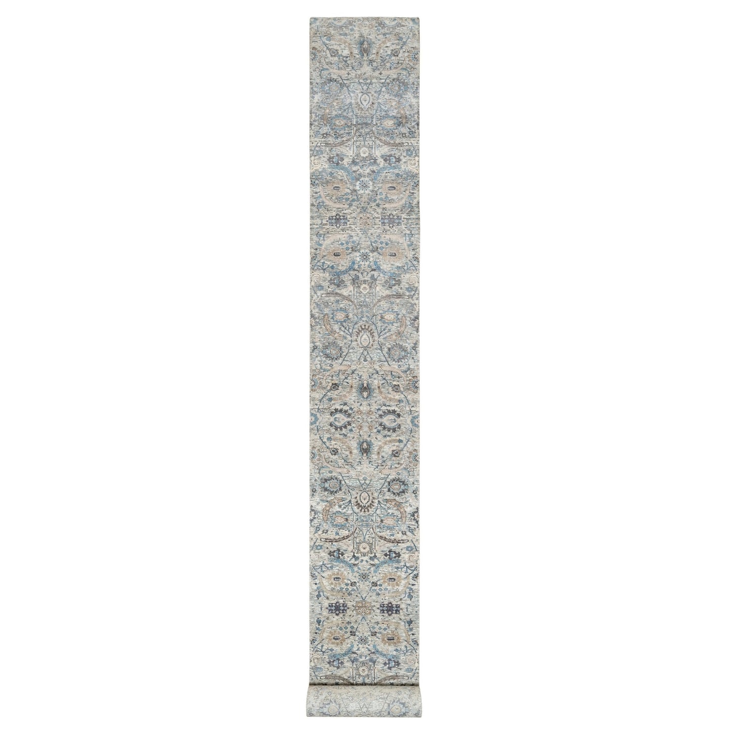 2'7"X25'9" White Hand Knotted Sickle Leaf Silk And Wool Xl Runner Rug