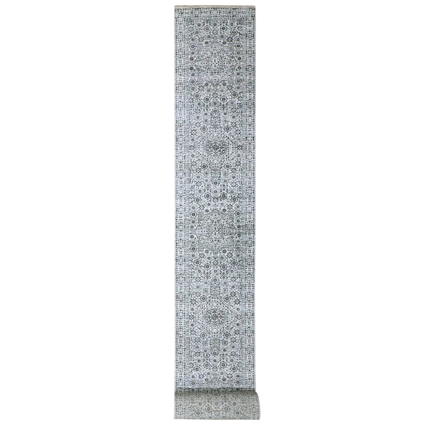 2'8"X26' Ivory Pre Historic Mamluk Design Hand Knotted Wool Runner Rug