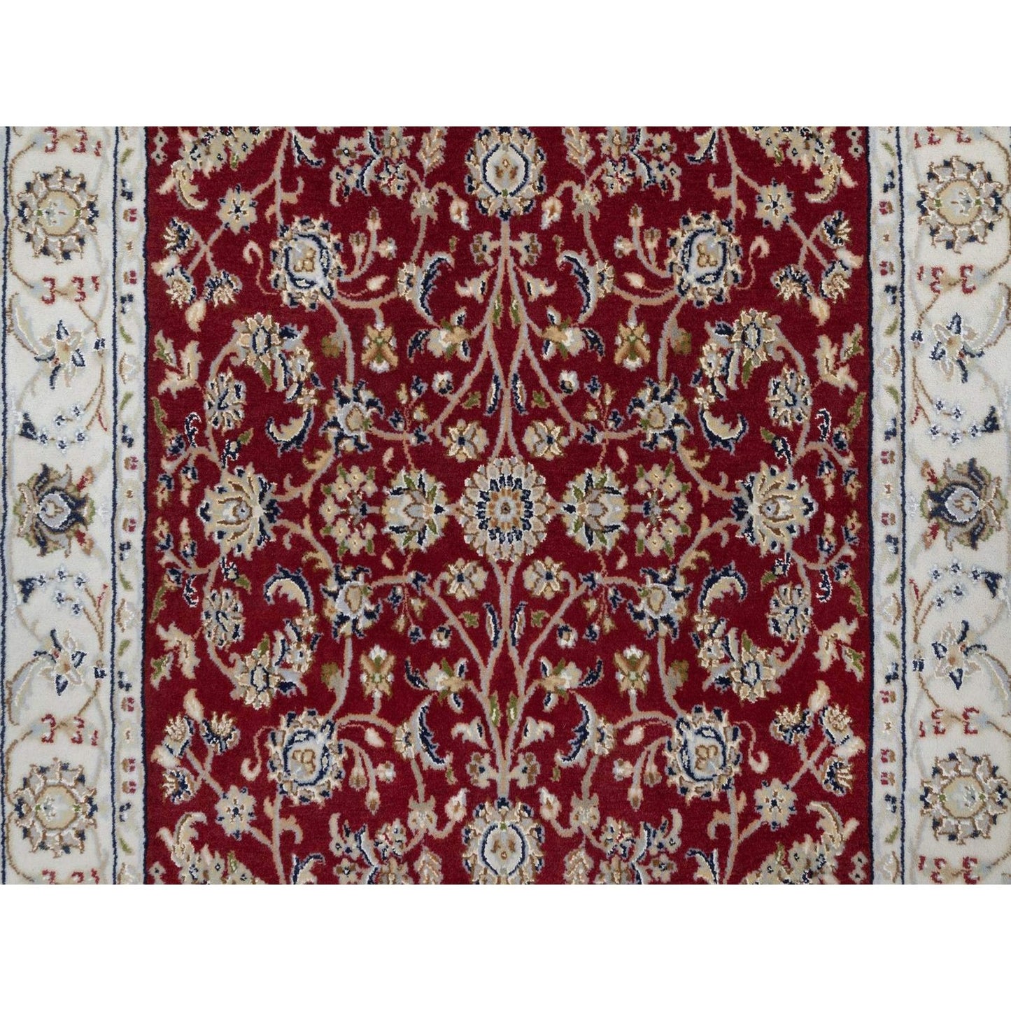 4'X6'1" Red Nain With Flower Pattern Wool And Silk Hand Knotted Rug