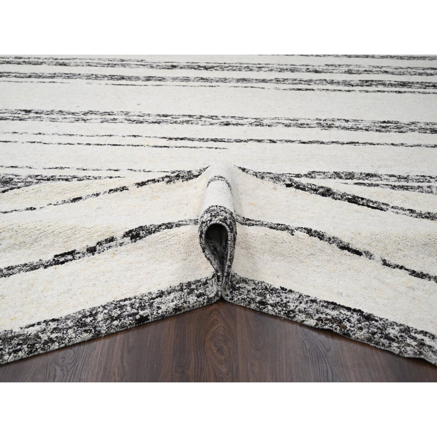 12'X17'9" Ivory Striae Design Wool Hand Knotted Oversized Oriental Rug