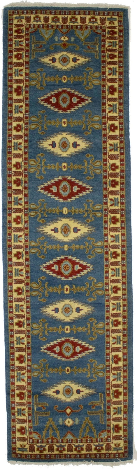3X10 Ft Handmade Kazak Runner Rug Blue Geometric