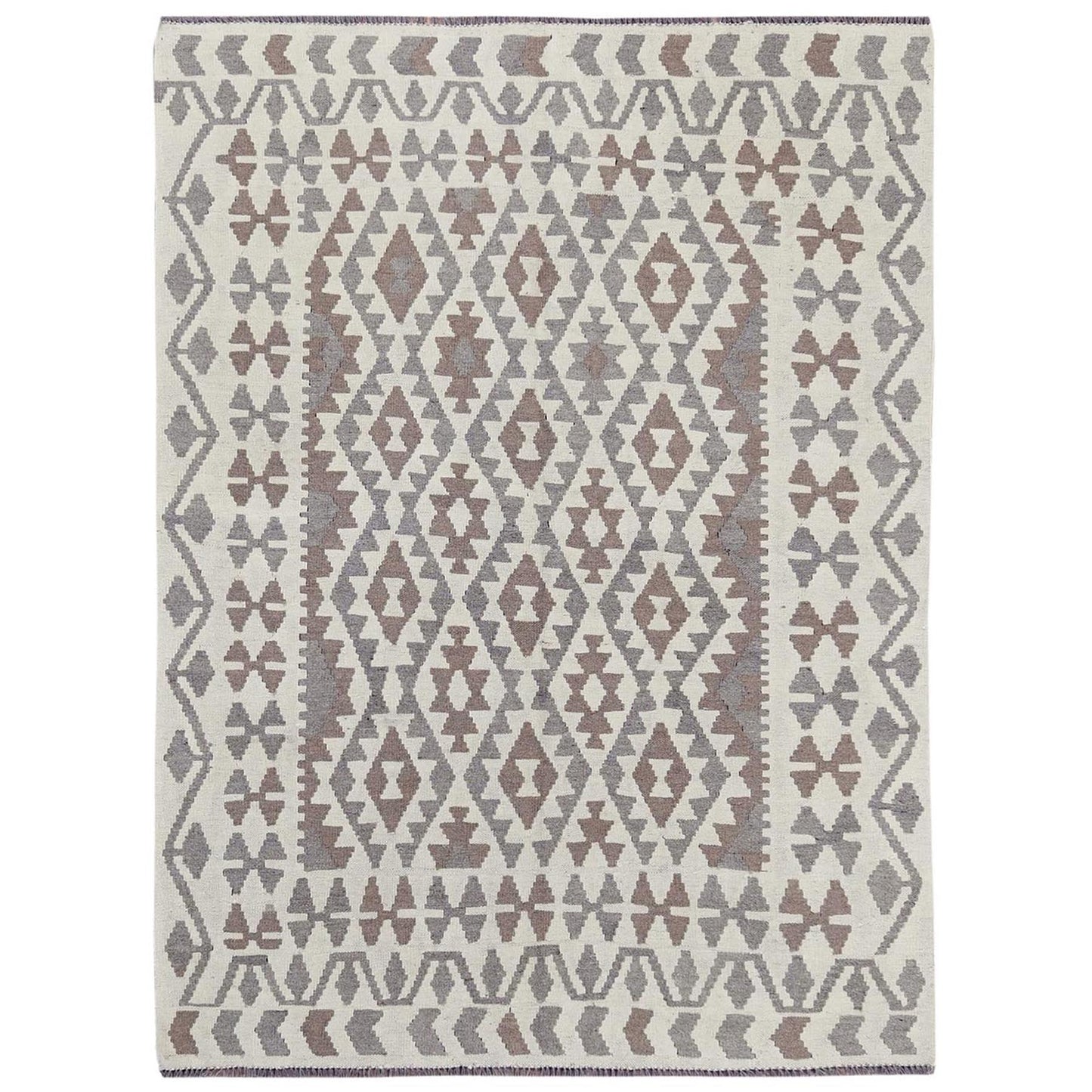 4'9"X6'5" Ivory Organic Wool Hand Woven Afghan Kilim Flat Weave Rug
