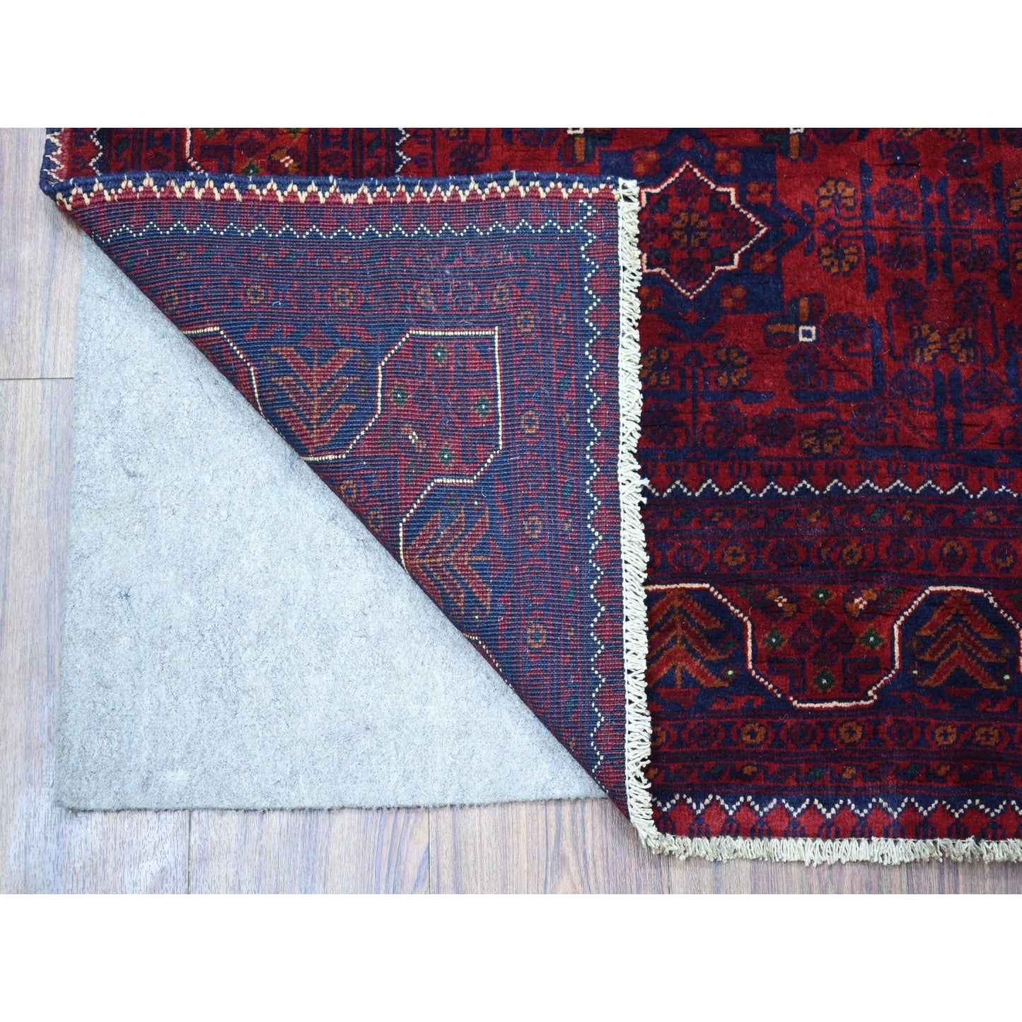 3'10"X5'9" Saturated Red Afghan Khamyab Hand Knotted Natural Wool Rug