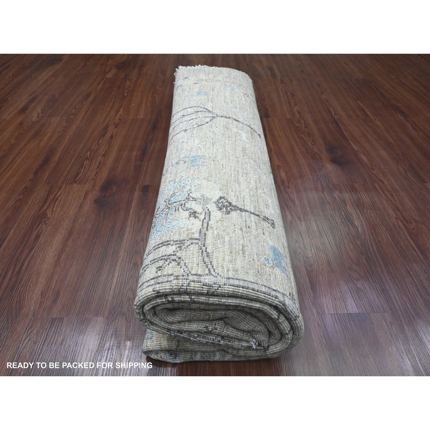 8'X8' Oyster Gray Peshawar Tree Design Hand Knotted 100% Wool Round Rug