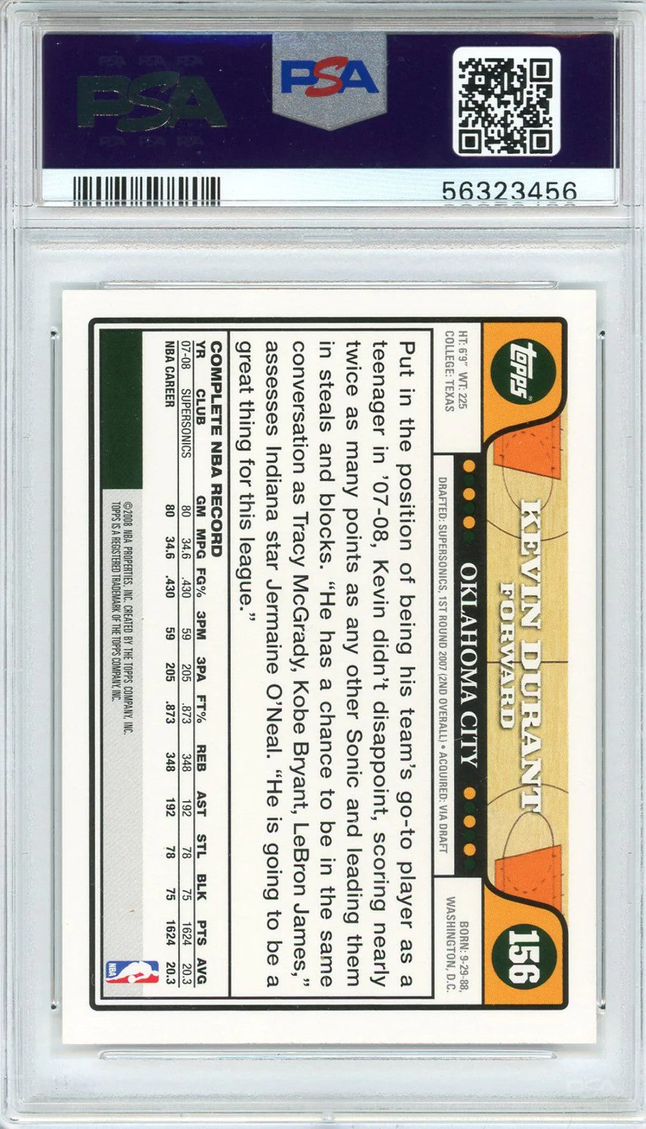 Kevin Durant 2008 Topps Card #156 (Psa)