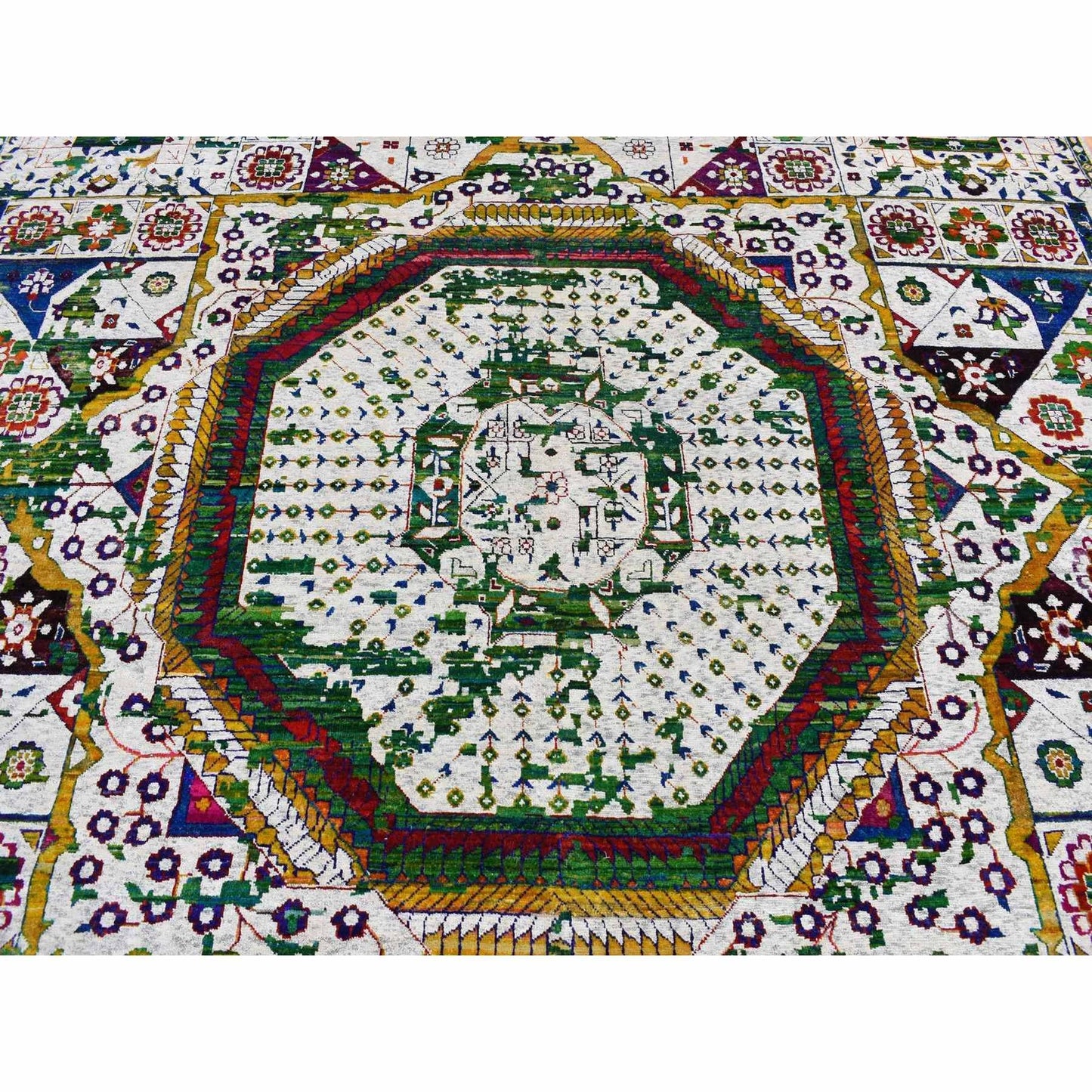 9'X12'1" Ivory Sari Silk Colorful Mamluk Design Hand Knotted Rug