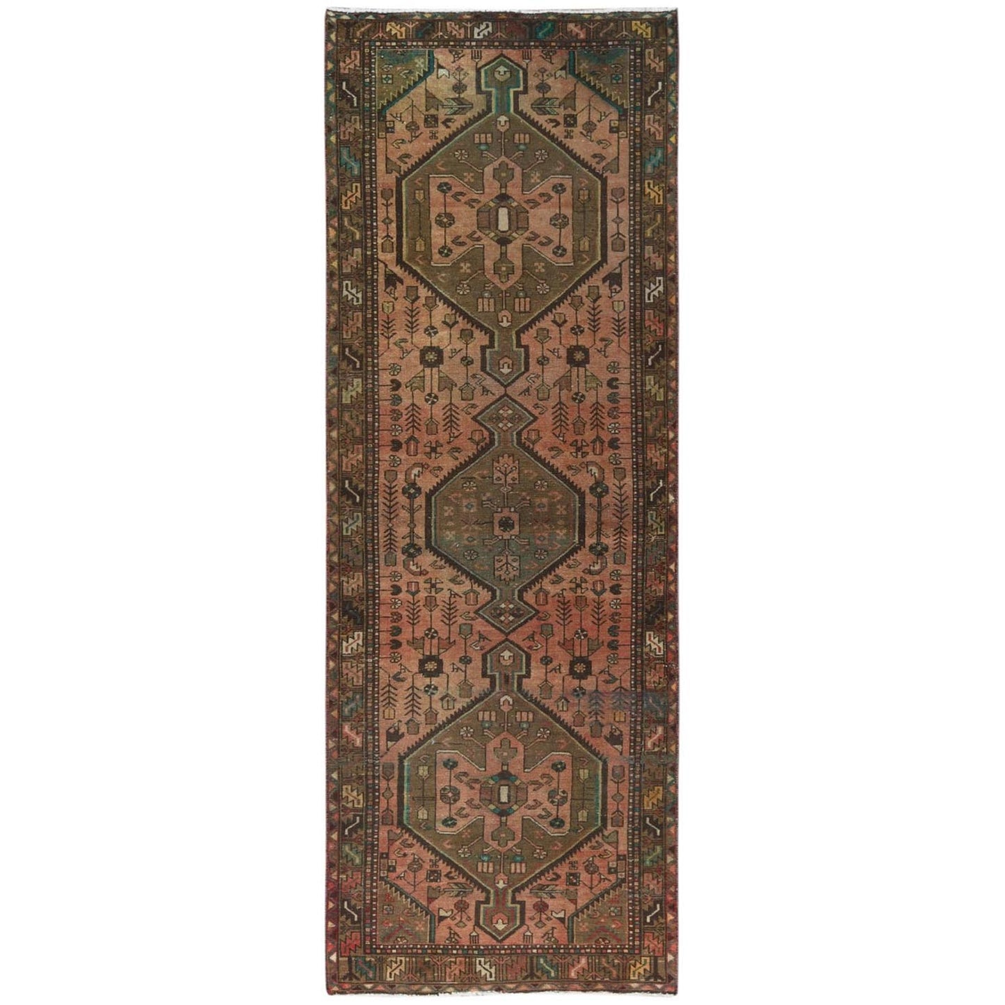 3'7"X10'2" Brown Worn Wool Hand Knotted Vintage Farsian Wide Runner Rug