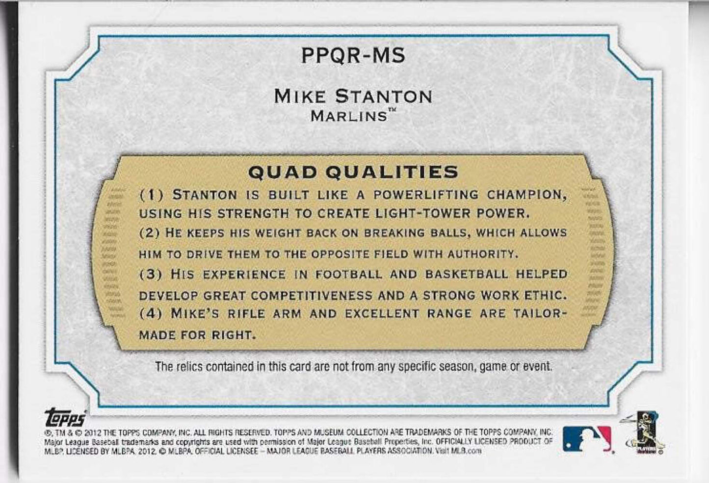 Mike Stanton 2012 Topps Museum Collection Game Used Quad Relic Card 82/99 #Ppqr-