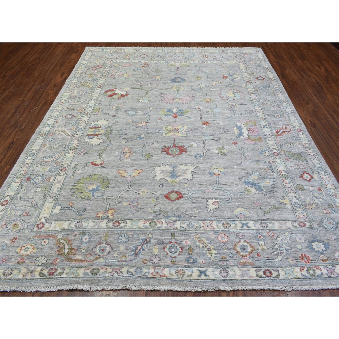 8'1"X10'1" Light Gray Hand Knotted Afghan Angora Oushak Soft Wool Rug