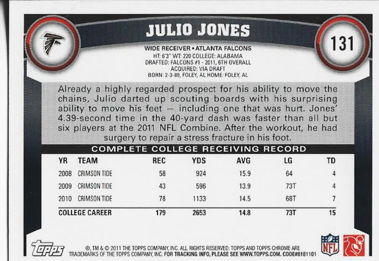 #131 Julio Jones 2011 Topps Chrome Rookie Card