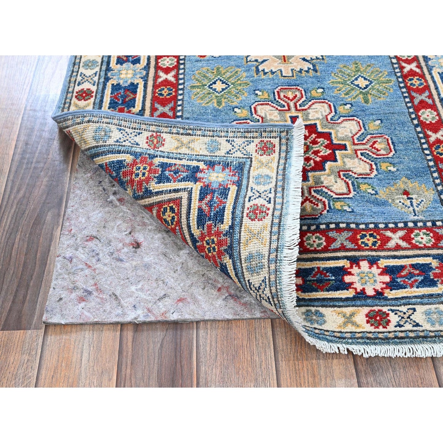 2'7"X6'7" Blue Kazak With Tribal Design Soft Wool Hand Knotted Runner Rug