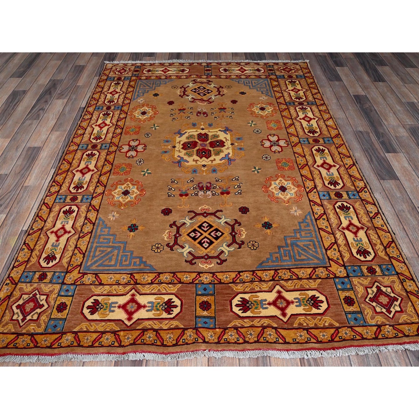 5'X6'10" Brown Afghan Khamyab With Khotan Design Hand Knotted Wool Rug