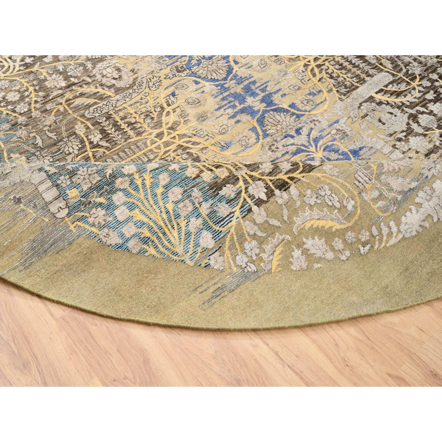 10'X10' Gold Brown Hand Knotted Transitional Sarouk Silk/Wool Round Rug
