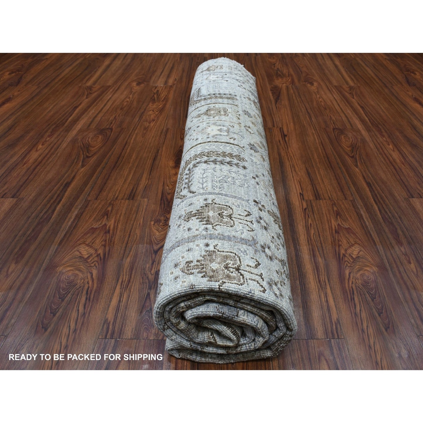 8'3"X8'3" Gray Peshawar With Folk Art Cypress Tree Design Shiny Wool Rug