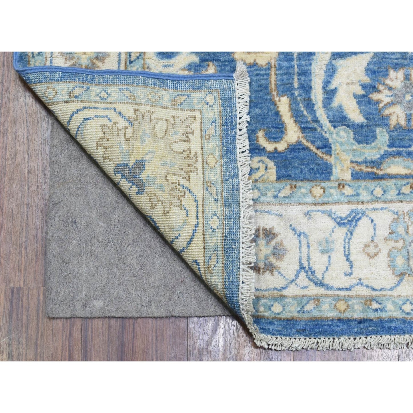 3'9"X13'3" Blue Fine Peshawar Soft Wool Hand Knotted Wide Runner Rug