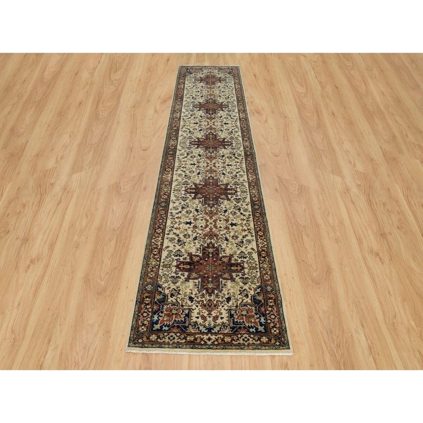 2'8"X12'3" Beige Heris Re-Creation Natural Wool Hand Knotted Runner Rug