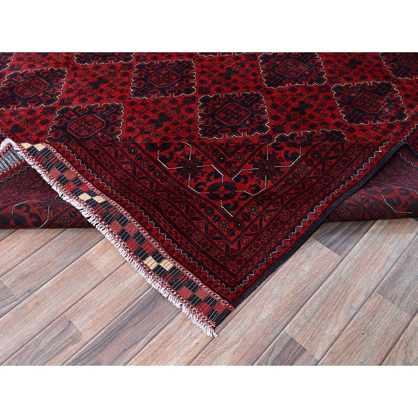 9'10"X12'9" Red Afghan Khamyab Geometric Pattern Hand Knotted Soft Wool Rug