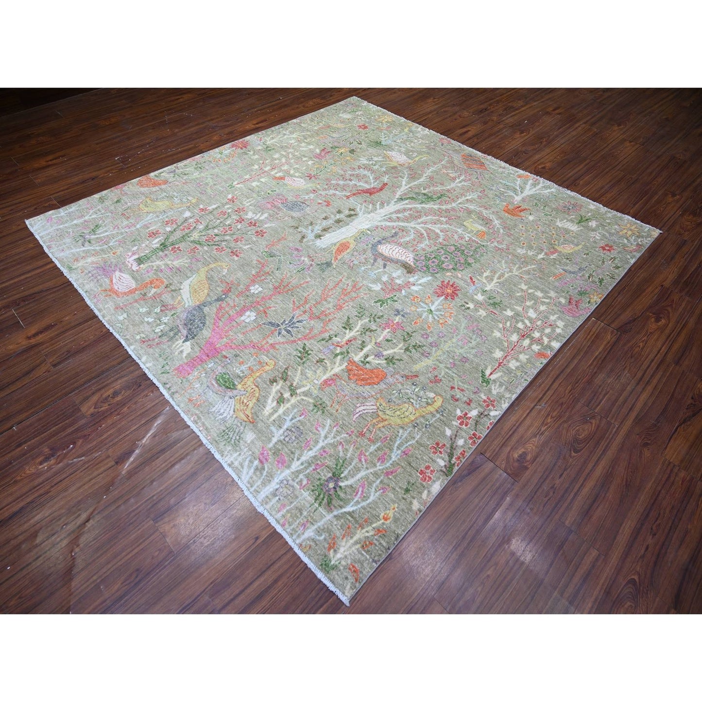 8'X8' Green Birds Of Paradise Hand Knotted Wool Peshawar Square Rug