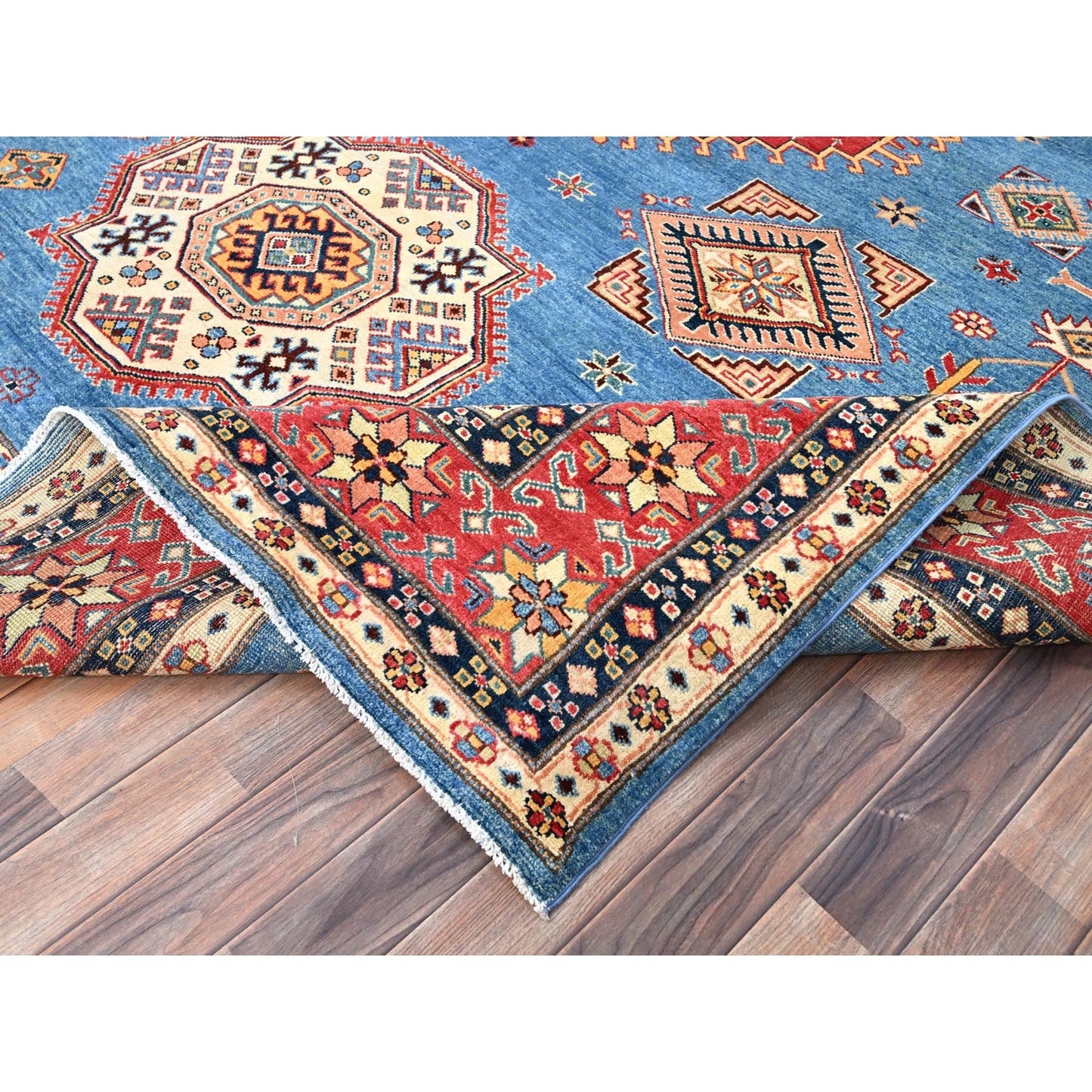 9'2"X11'4" Blue Special Kazak Geometric Design Hand Knotted Wool Rug