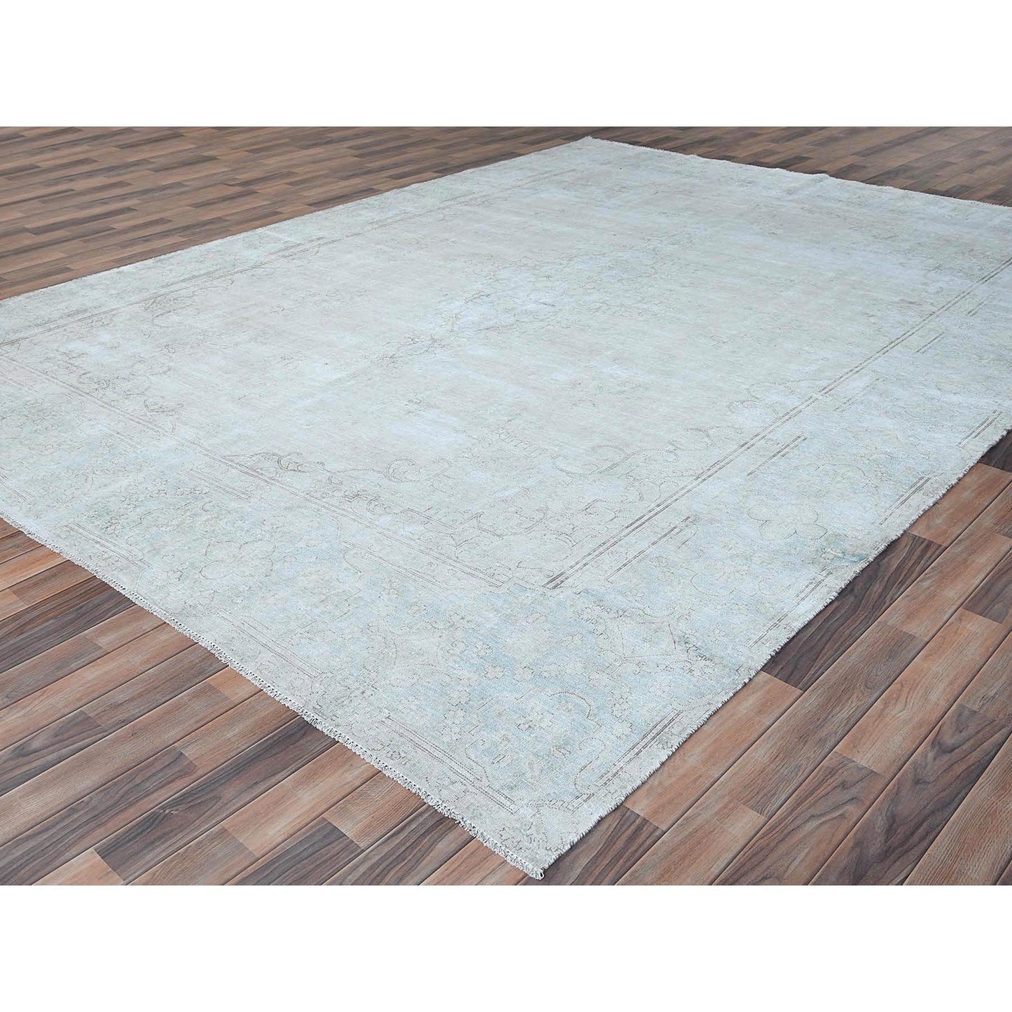 9'8"X12'10" Beige Hand Knotted Wool Distressed Vintage Farsian Karman Rug