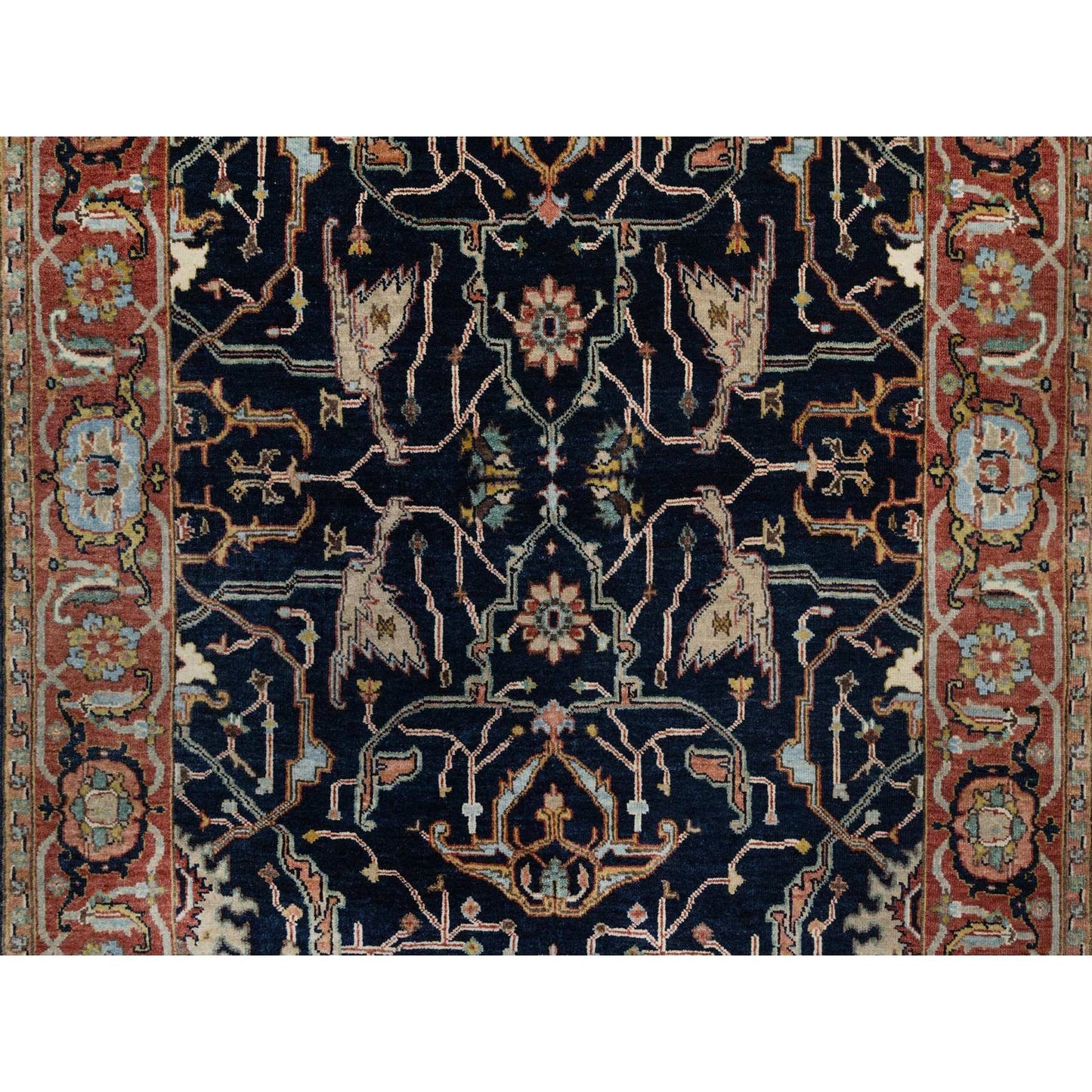 4'2"X12'2" Navy Antiqued Heris Re-Creation Hand Knotted Wool Runner Rug
