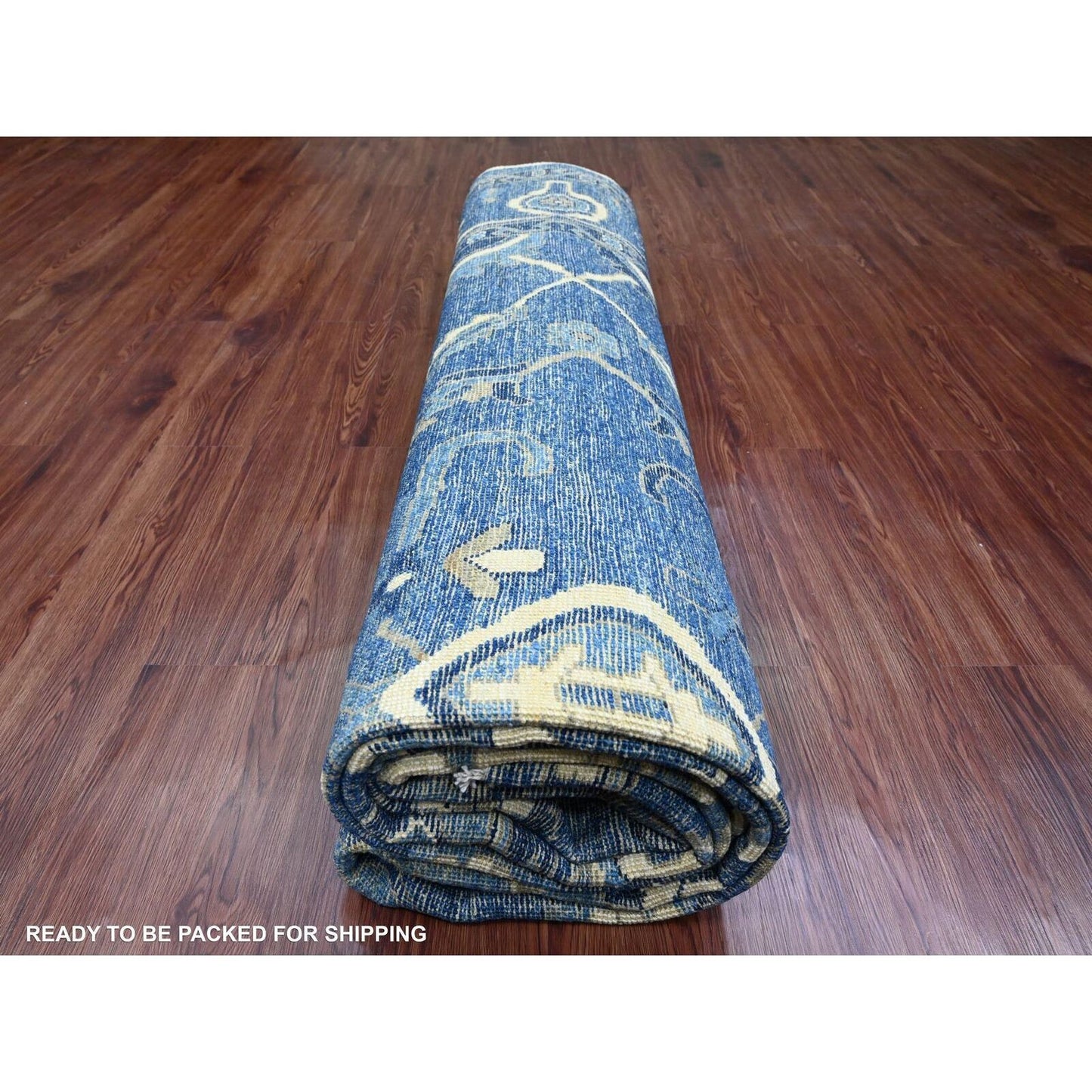 10'1"X13'9" Blue Hand Knotted Afghan Angora Oushak Vines Design Wool Rug