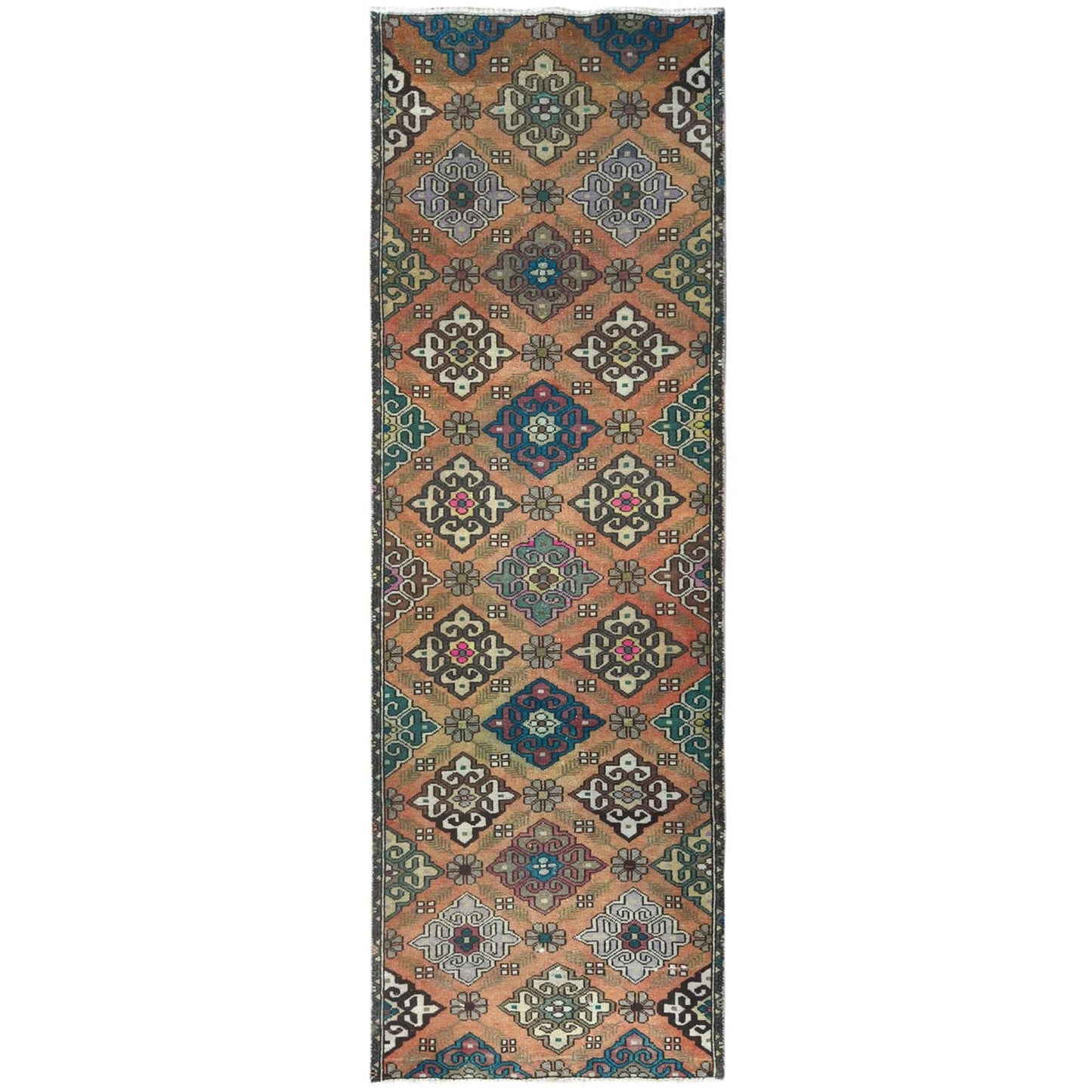 3'3"X10' Orange Worn Wool Hand Knotted Vintage Farsian Runner Rug