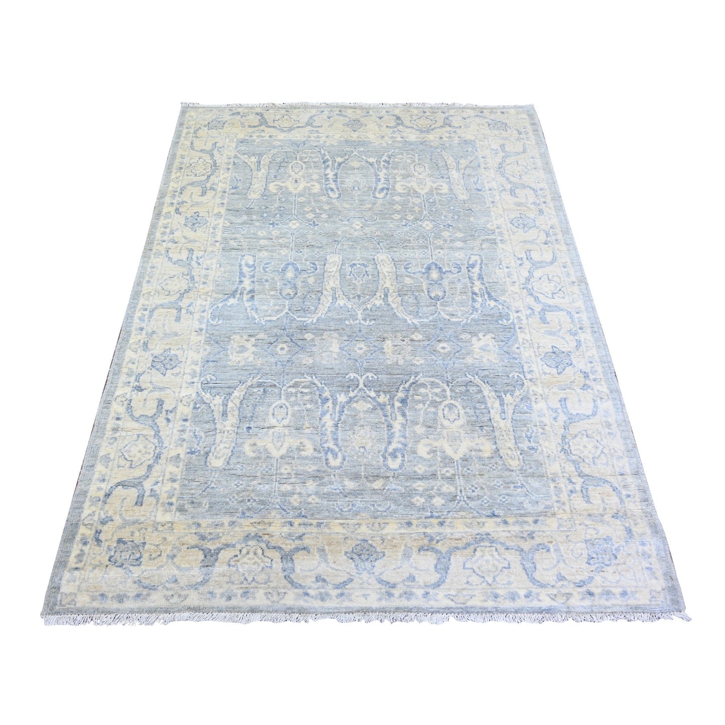 4'X5'9" Coin Gray White Wash Peshawar Wool Hand Knotted Rug