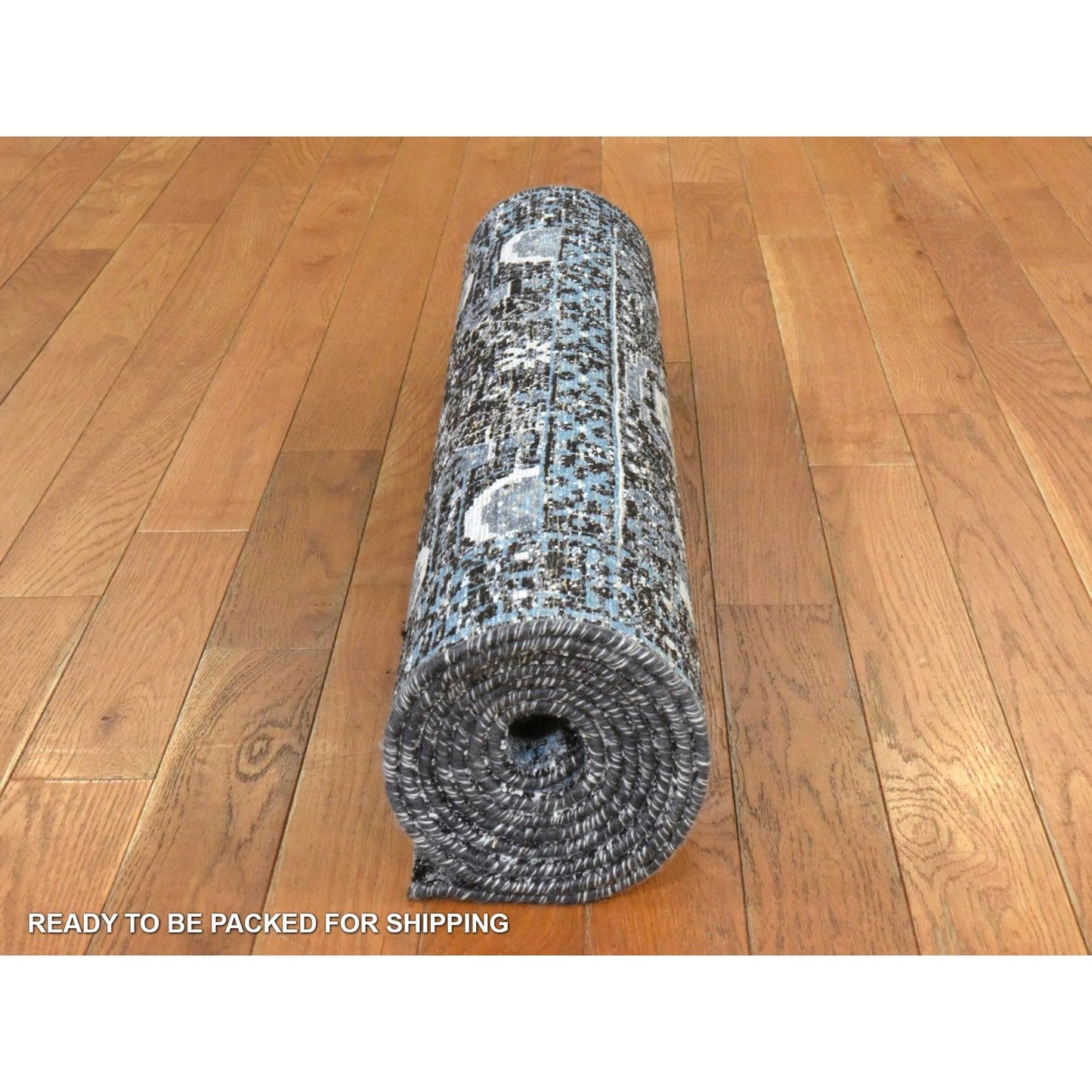 2'7"X8' Beau Blue Silken Mamluk Design Washed Out Hand Knotted Runner Rug