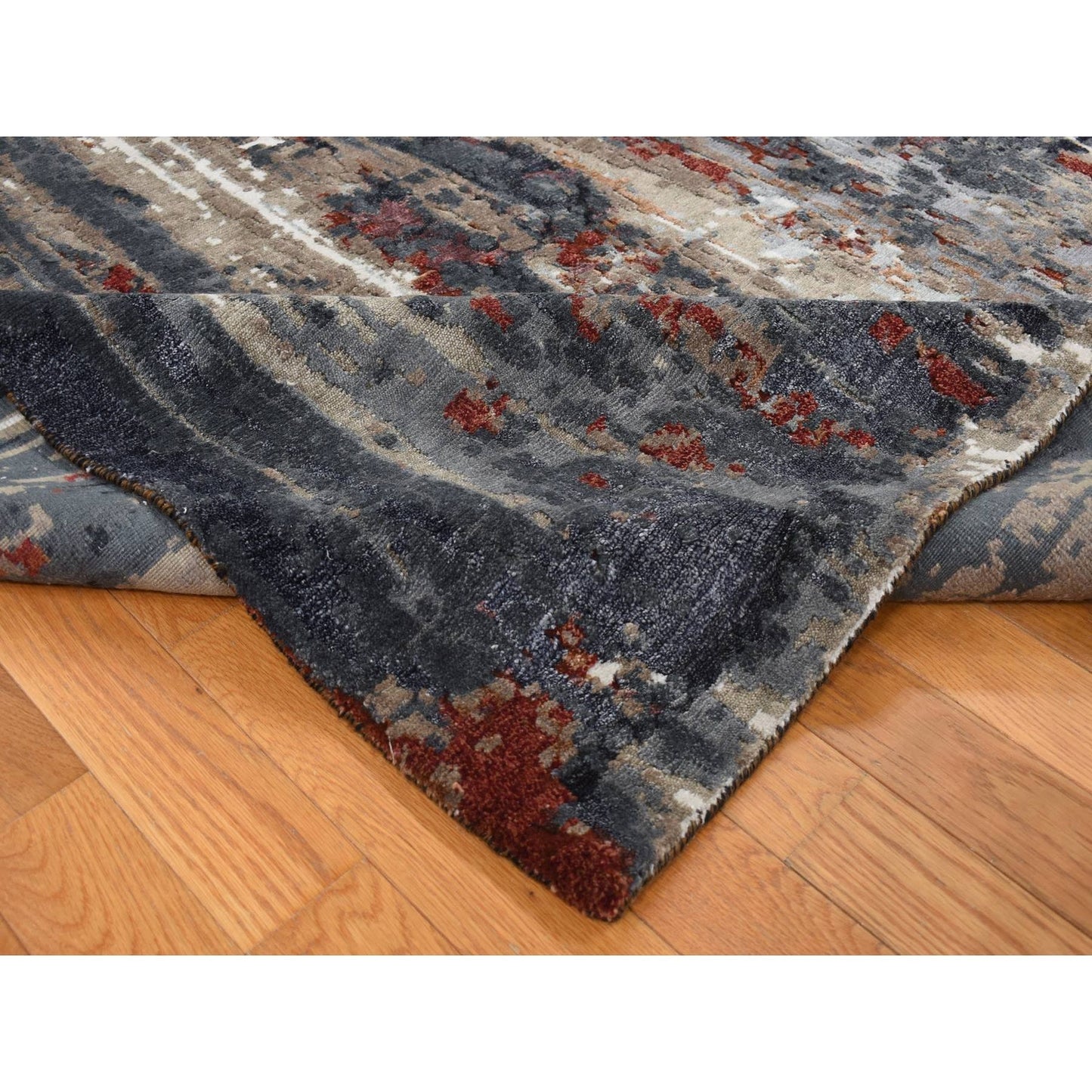 9'X12'2" Red Wool And Silk Abstract Paint Brush Design Hand Knotted Rug