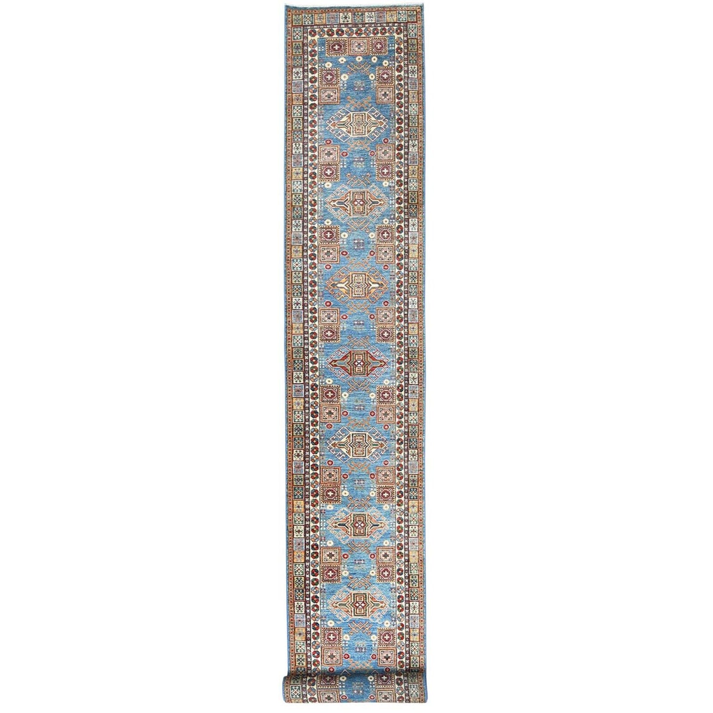 3'X24'5" Blue Pure Wool Hand Knotted Afghan Super Kazak Xl Runner Rug