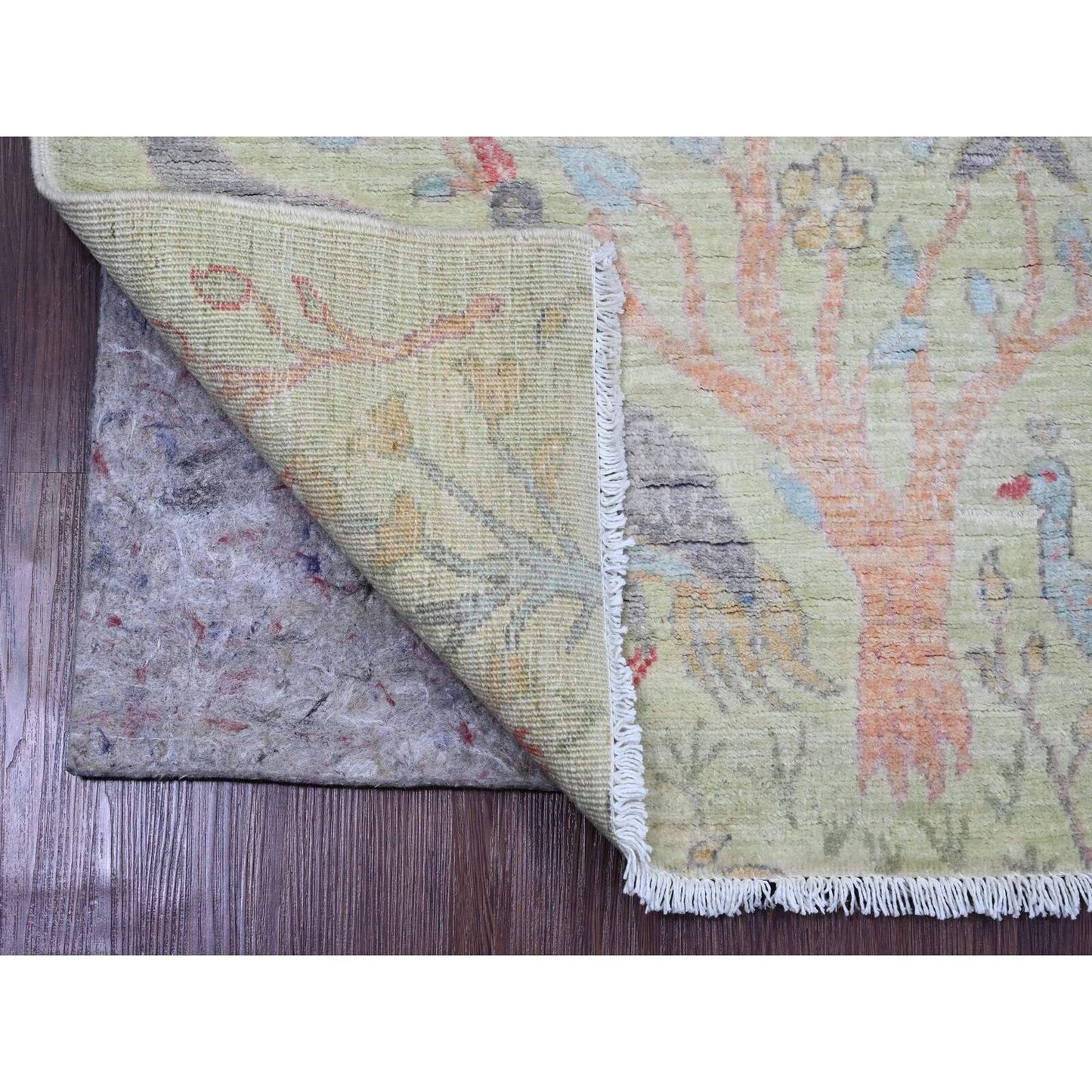 2'7"X9'8" Green Afghan Peshawar Birds Design Hand Knotted Wool Runner Rug