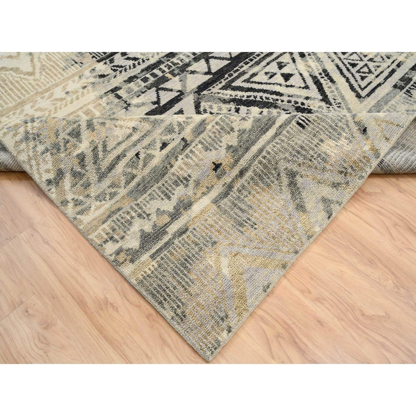 9'9"X13'10" Gray Erased Ethnic Geometric Design Wool Hand Knotted Rug