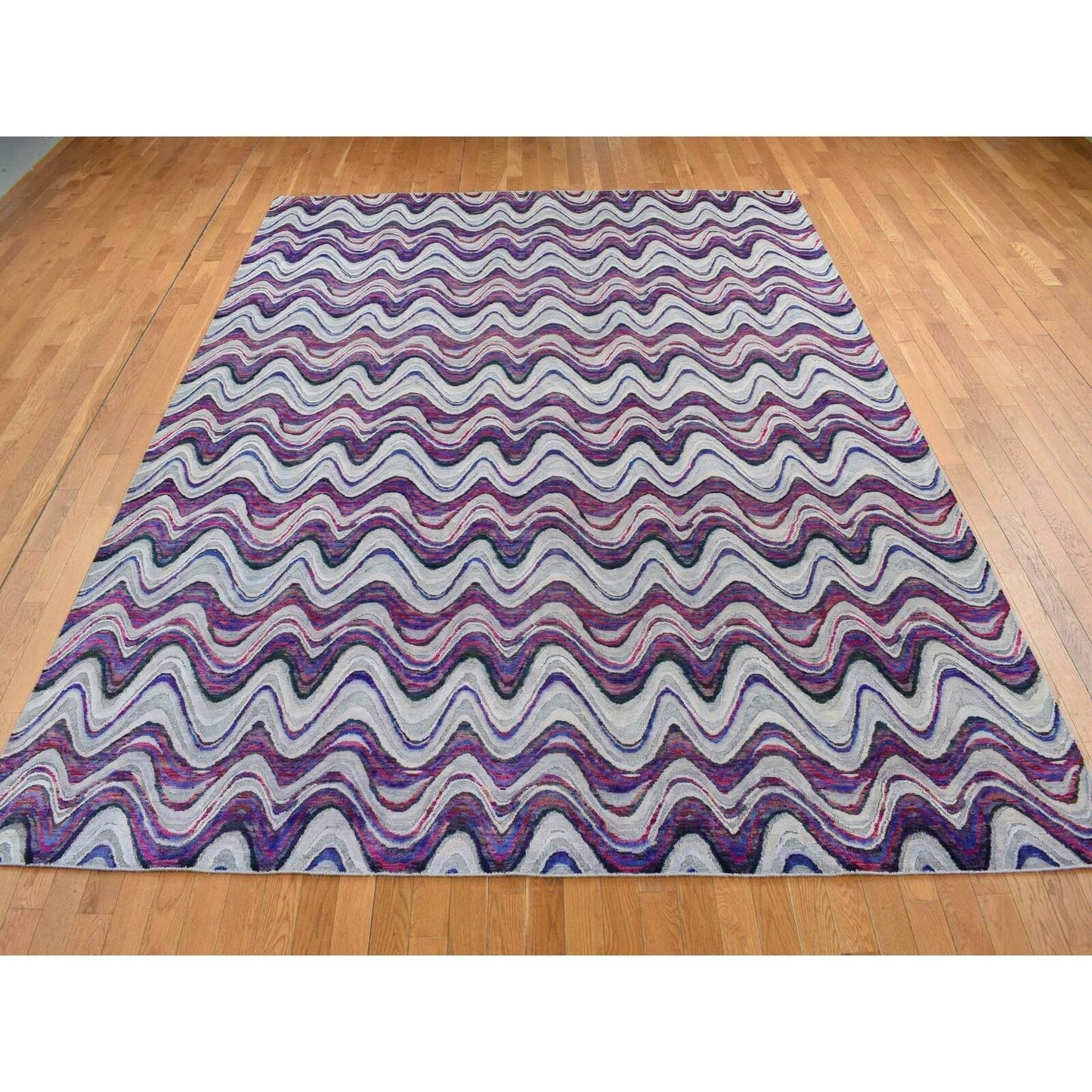 9'X11'10" Ivory The Colorful Waves Silk With Wool Hand Knotted Rug