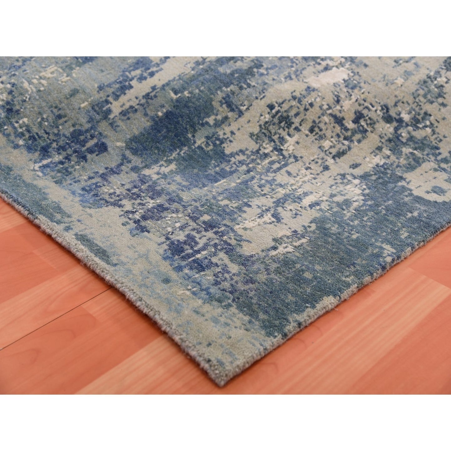 12'X12' Grotto Blue Abstract Design Silk And Wool Hand Knotted Square Rug