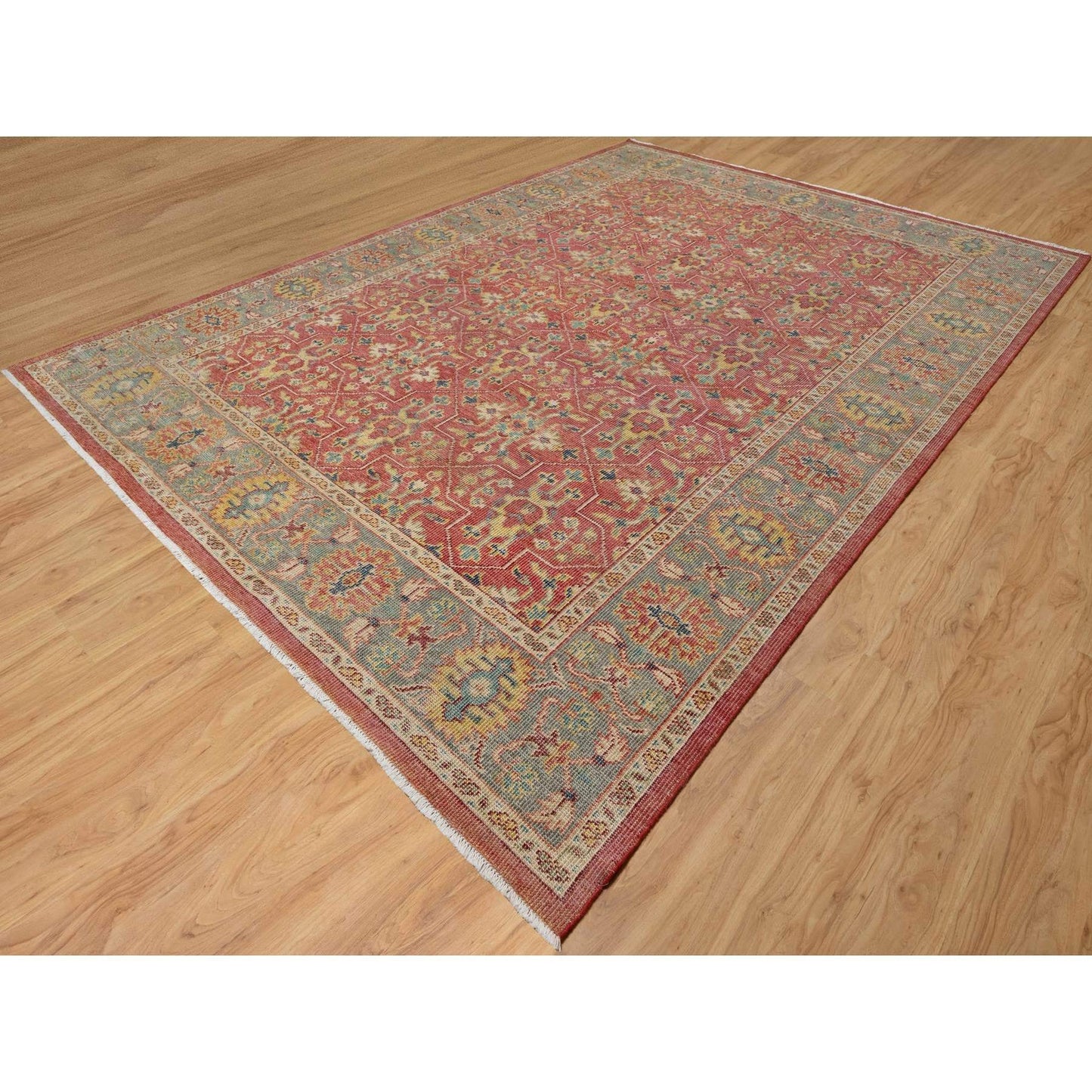 10'X13'9" Red Hand Knotted Antiqued Oushak Design Wool Oriental Rug