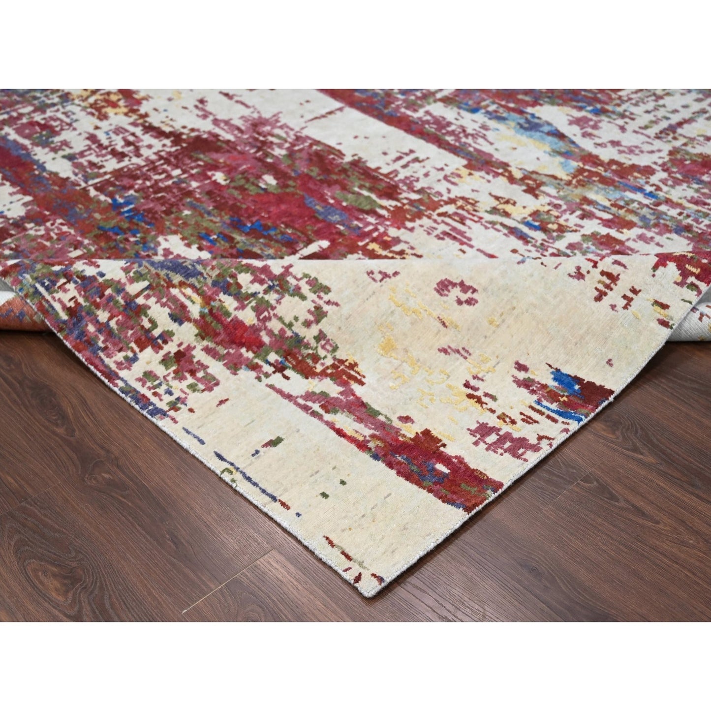 9'3"X12'2" Accessible Beige Pure Wool Abstract Design Hand Knotted Rug