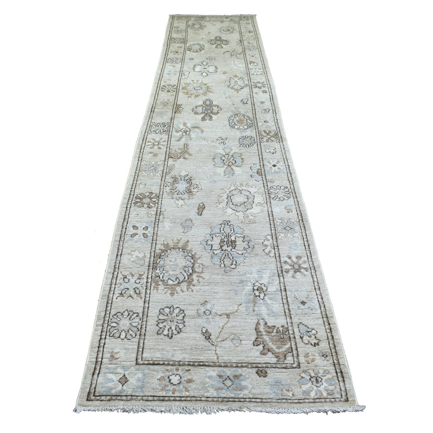 2'10"X13'9" Light Gray Angora Ushak Afghan Wool Hand Knotted Runner Rug