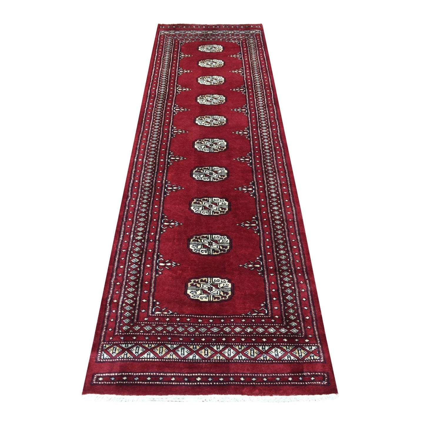 2'6"X9'1" Mori Bokara Deep And Rich Red Soft Wool Hand Knotted Runner Rug