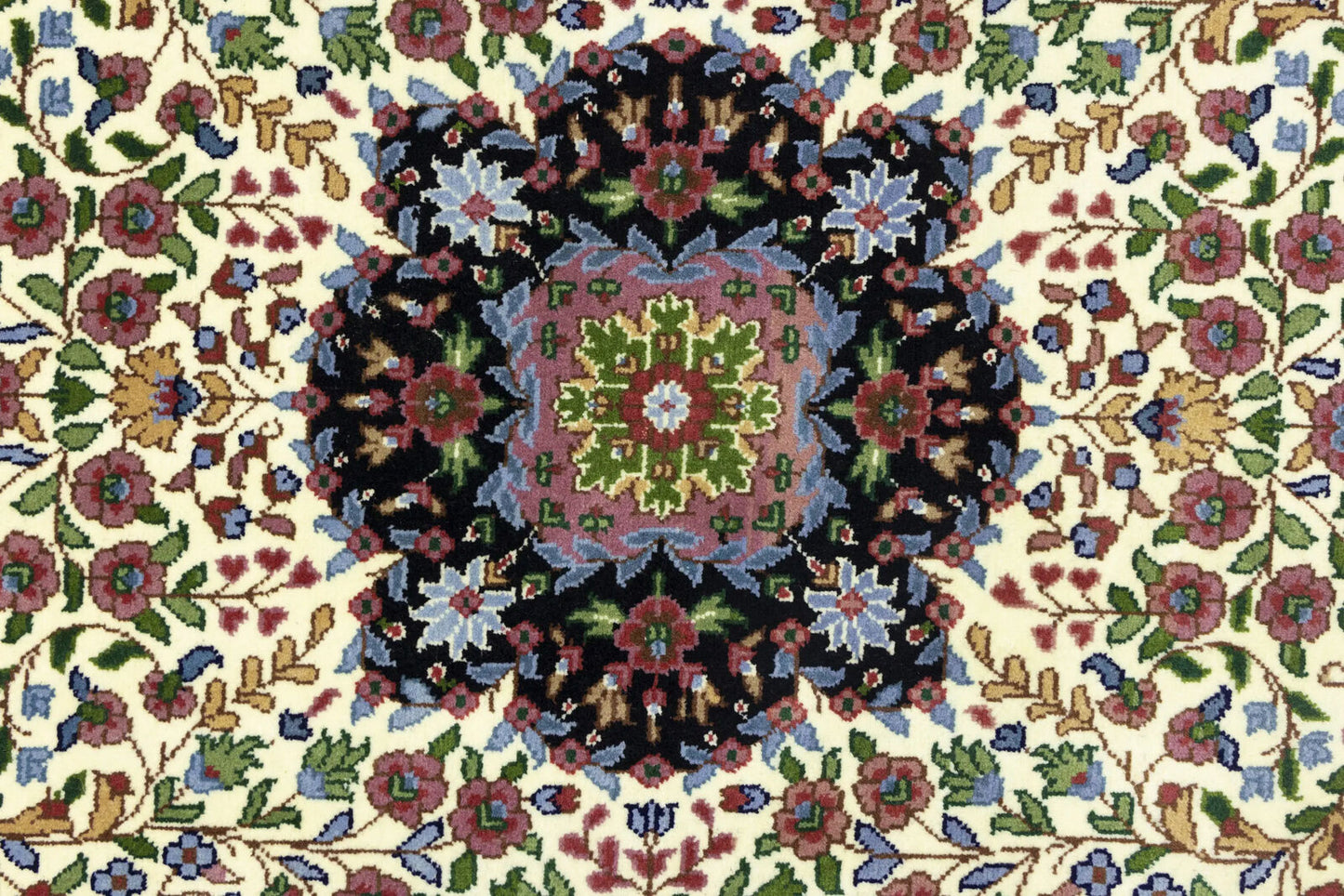 Handmade Kirman Oriental Rug Cream & Blue Floral