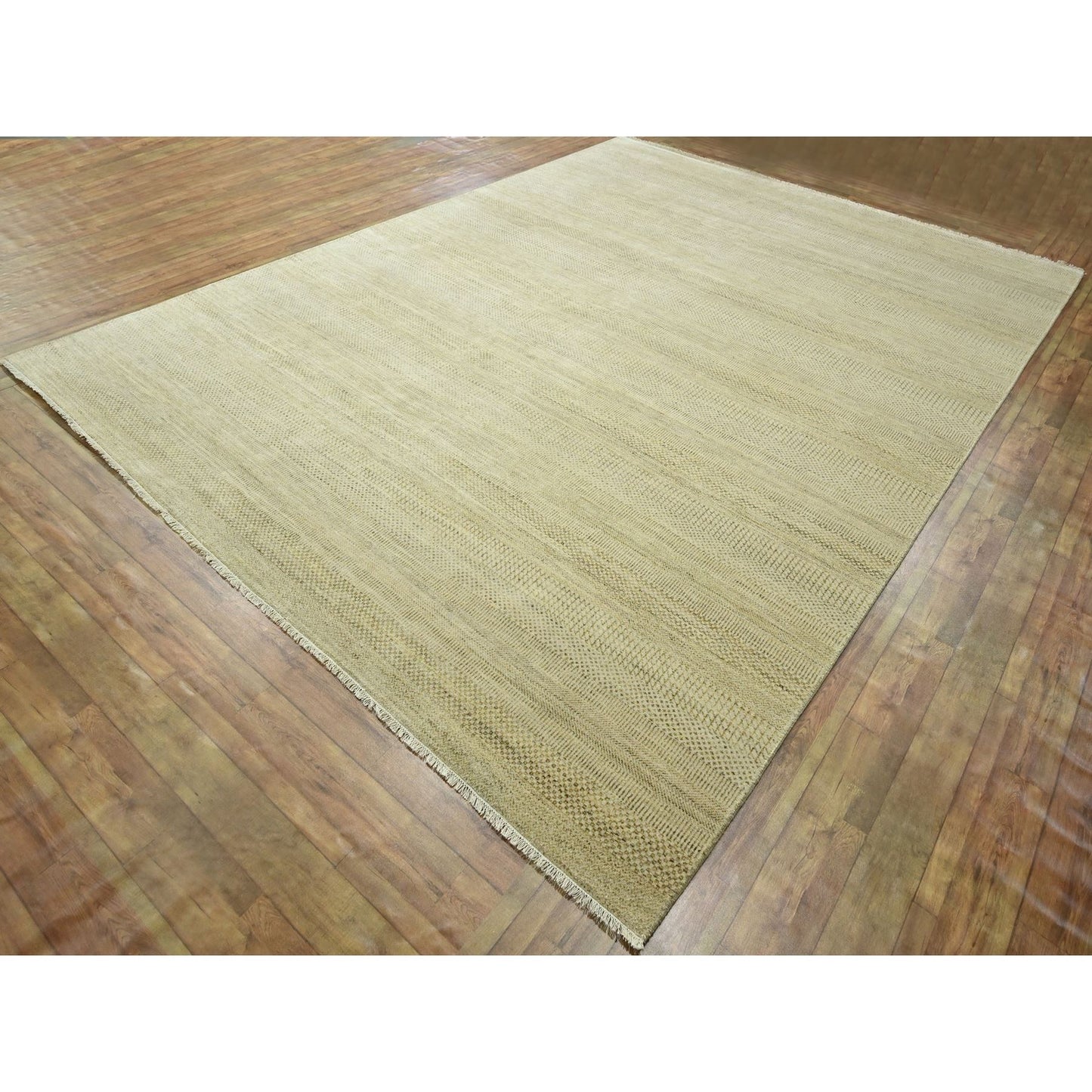 9'1"X12'3" Ecru Brown Modern Grass Design Hand Knotted Wool And Silk Rug