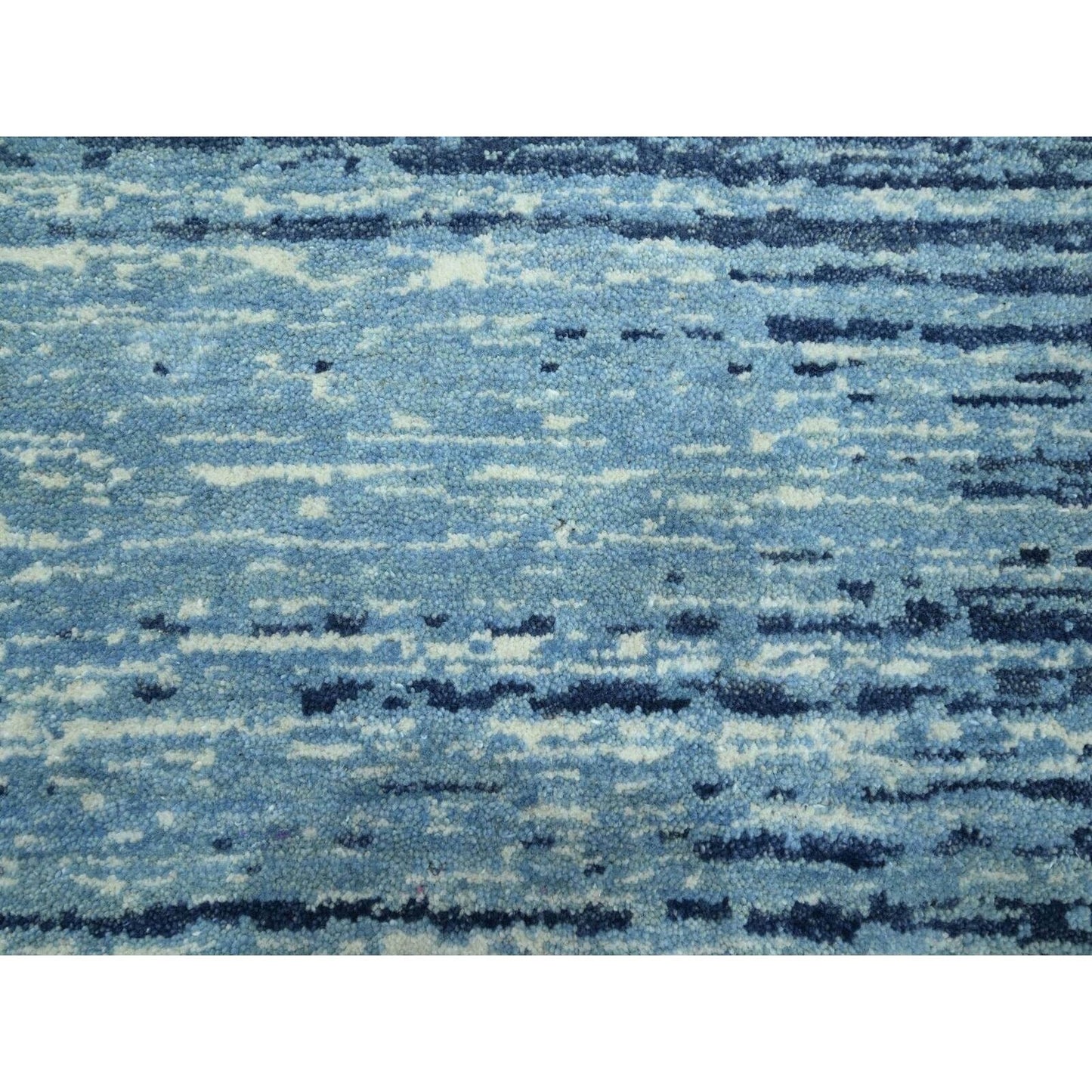 9'X12'3" Cerulean Blue Pure Wool Horizontal Ombre Design Hand Knotted Rug