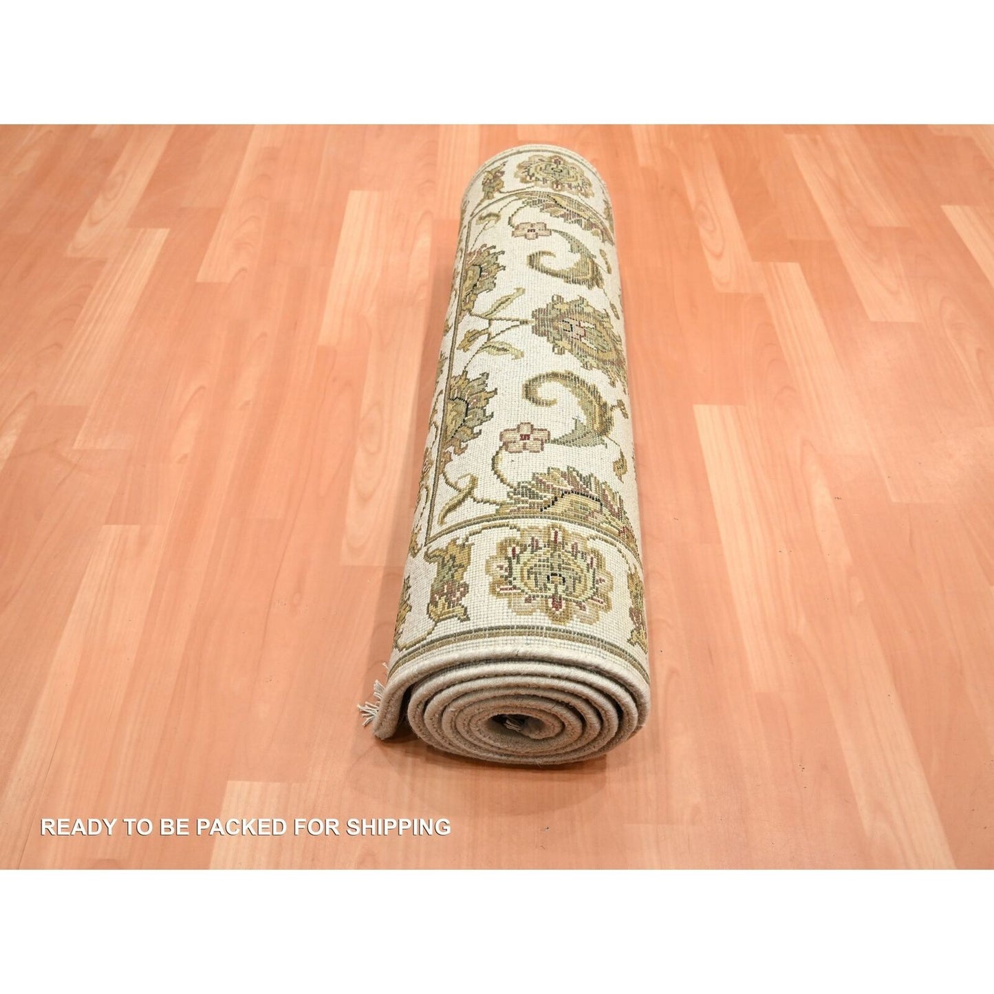 2'7"X8'3" White Rajasthan Leaf Design Hand Knotted Wool & Silk Runner Rug