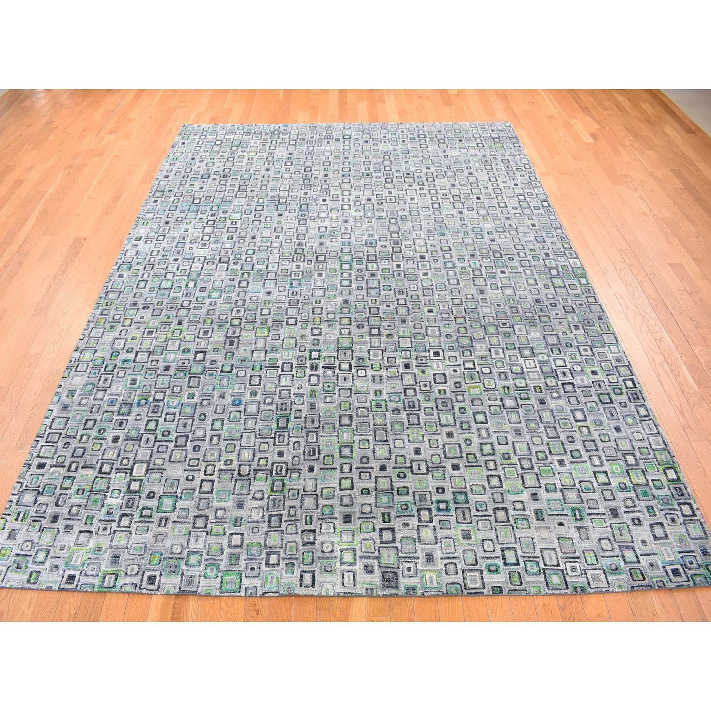 9'X12'3" Gray Silk With Wool Psefas Square Design Hand Knotted Rug